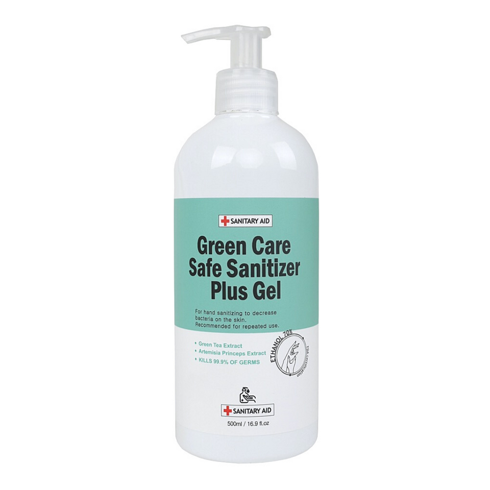 Hand Sanitizer Pump | Green Care Safe Sanitizer Plus Gel | 2 Bottles | 70% Ethanol Alcohol | Green Tea Extract | Made In South Korea